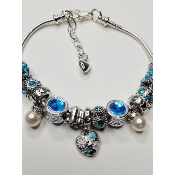 Unbranded Jewelry - Pandora Style Silver Color Charm Bracelet Pastel Heart Dangle Rhinestones XL